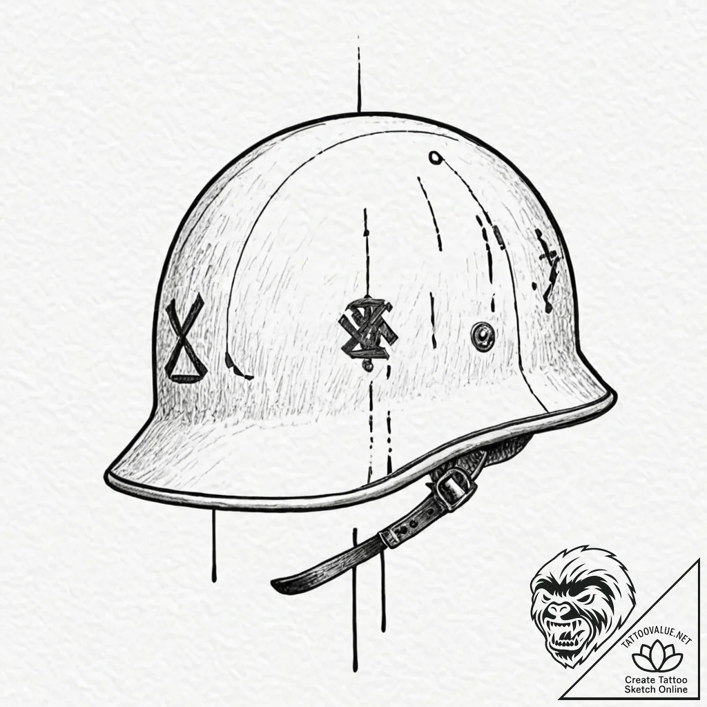 Tattoo design, a soldier's helmet with tally... - tattoo sketch (№1751593235_0, 04.07.2025 01:40) — tattoovalue.net