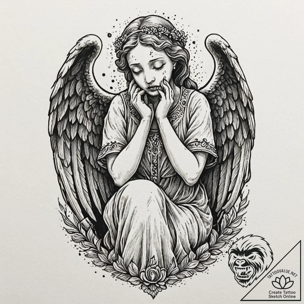 Tattoo design, a weeping angel statue, but it... - tattoo sketch (№1751593619_0, 04.07.2025 01:46) — tattoovalue.net