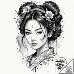 Tattoo design, a beautiful geisha portrait, h… – tattoo sketch (№1751594027_0, 04.07.2025 01:53) — tattoovalue.net