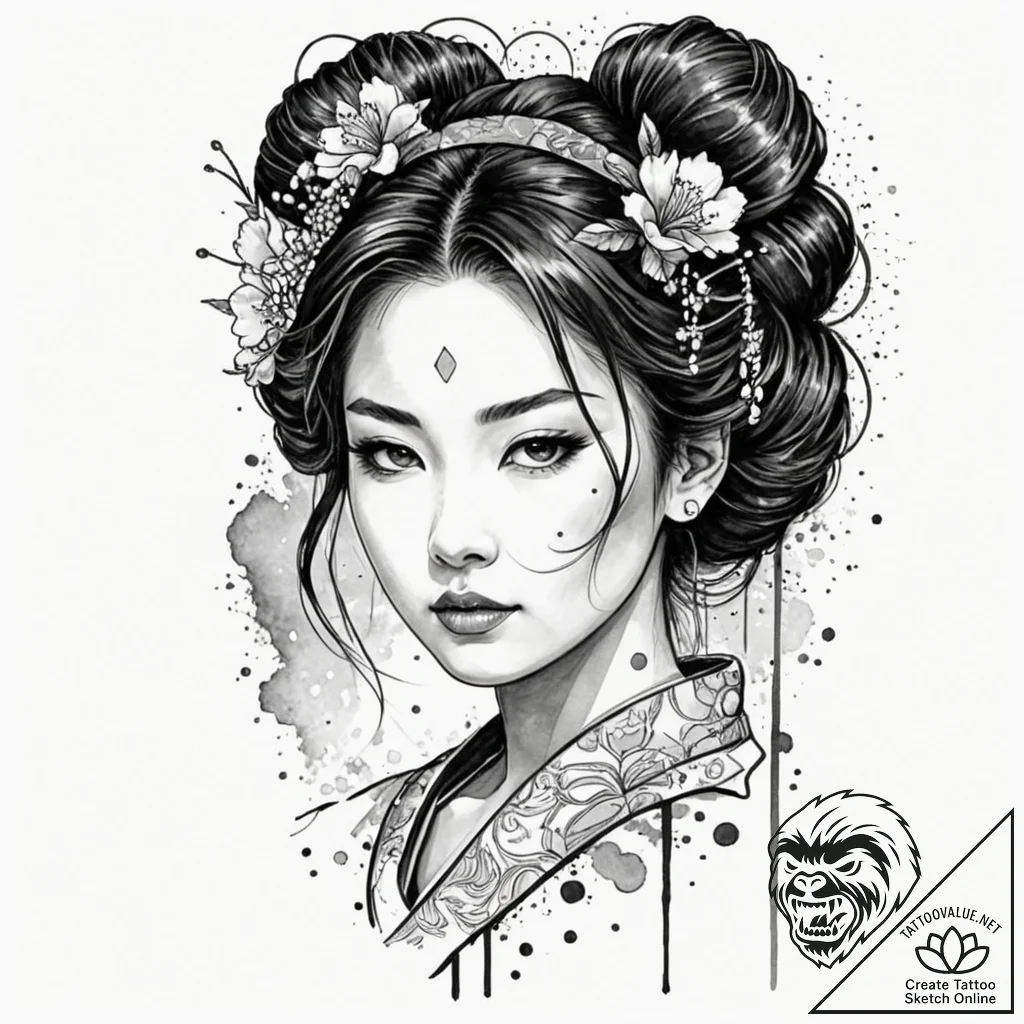 Tattoo design, a beautiful geisha portrait, h... - tattoo sketch (№1751594027_0, 04.07.2025 01:53) — tattoovalue.net