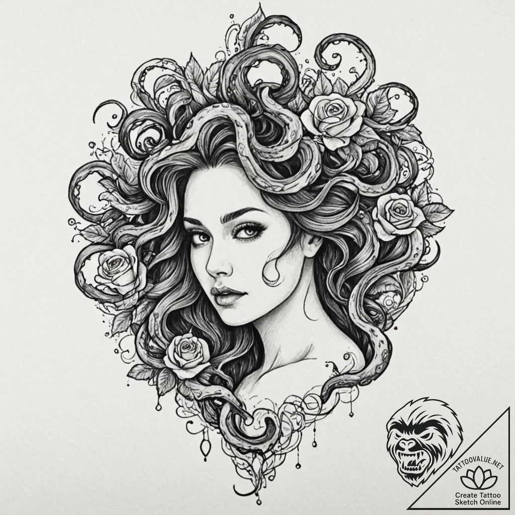 Tattoo design, a woman's portrait, her hair i... - tattoo sketch (№1751594803_0, 04.07.2025 02:06) — tattoovalue.net