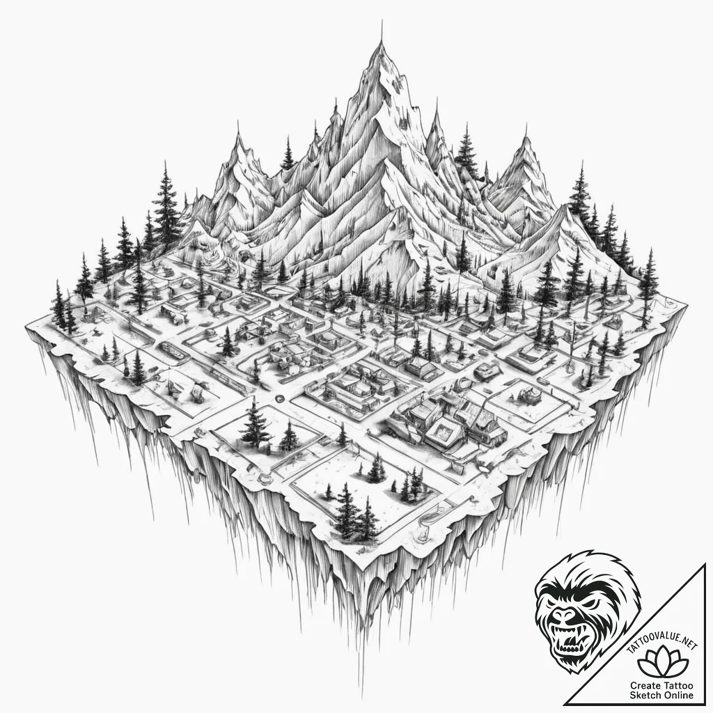 Tattoo design, a map, but the terrain is made... - tattoo sketch (№1751595572_0, 04.07.2025 02:19) — tattoovalue.net