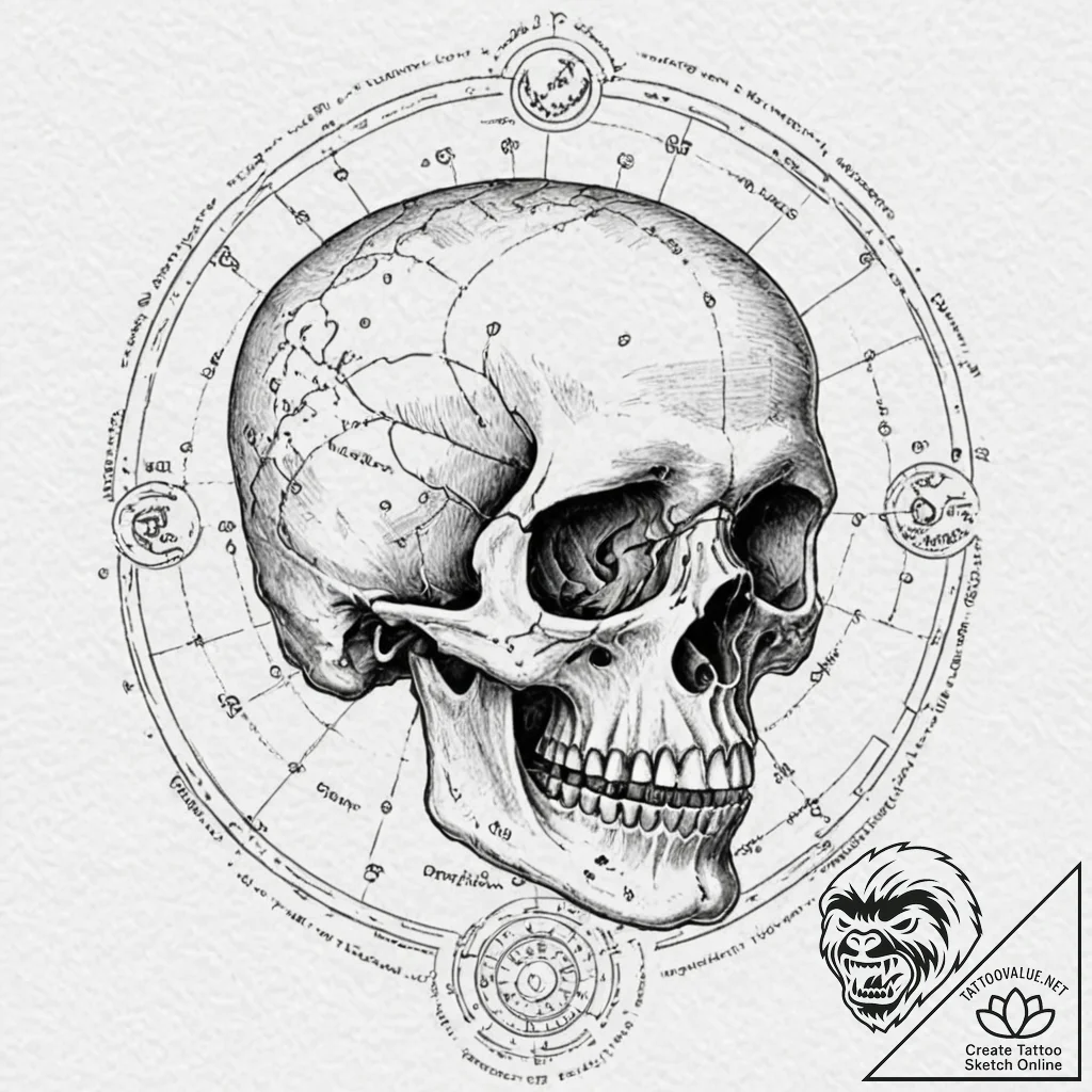 Tattoo design, a human skull, with a detailed... - tattoo sketch (№1751595743_0, 04.07.2025 02:22) — tattoovalue.net