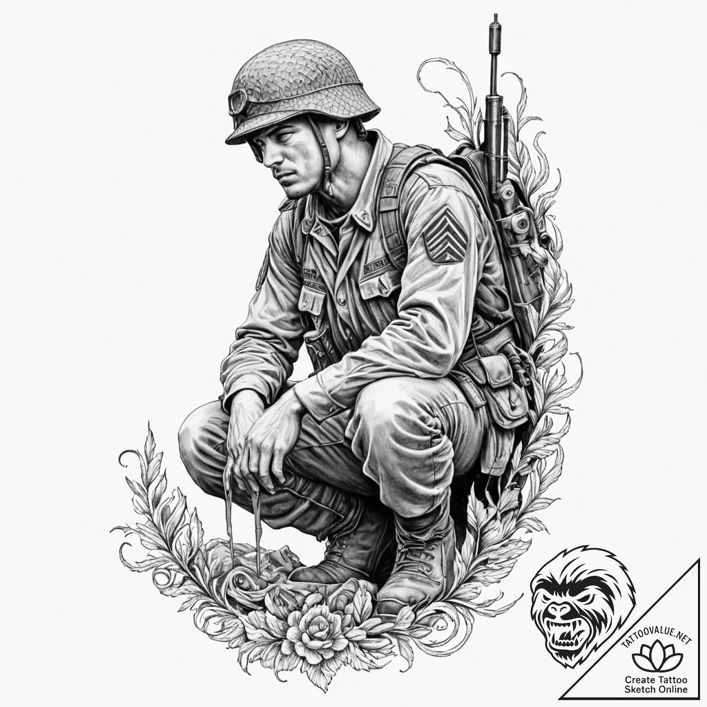 Tattoo design, a memorial statue to a soldier... - tattoo sketch (№1751596433_0, 04.07.2025 02:33) — tattoovalue.net