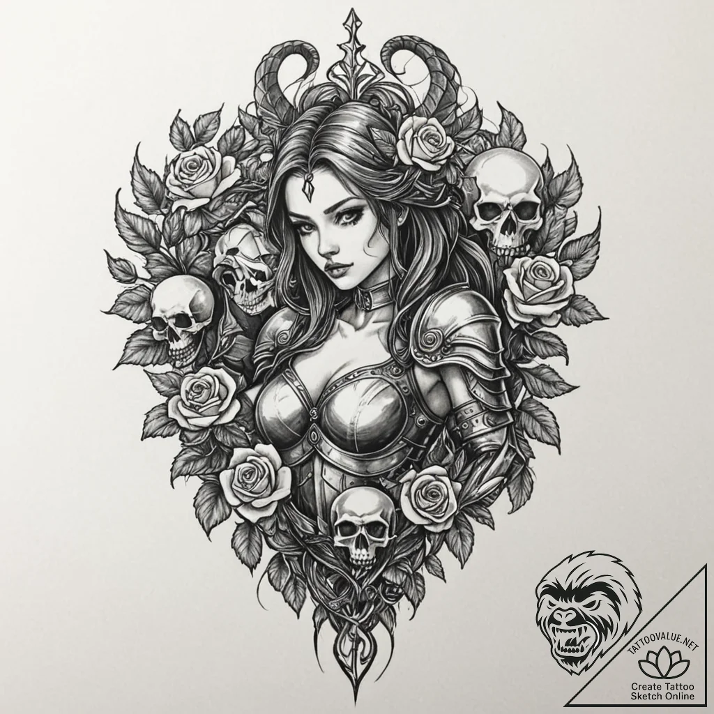 Tattoo sleeve design, cursed armor, a beautif... - tattoo sketch (№1751596519_0, 04.07.2025 02:35) — tattoovalue.net