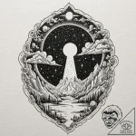 Tattoo design, a giant keyhole in the sky, re… – tattoo sketch (№1751596862_0, 04.07.2025 02:41) — tattoovalue.net