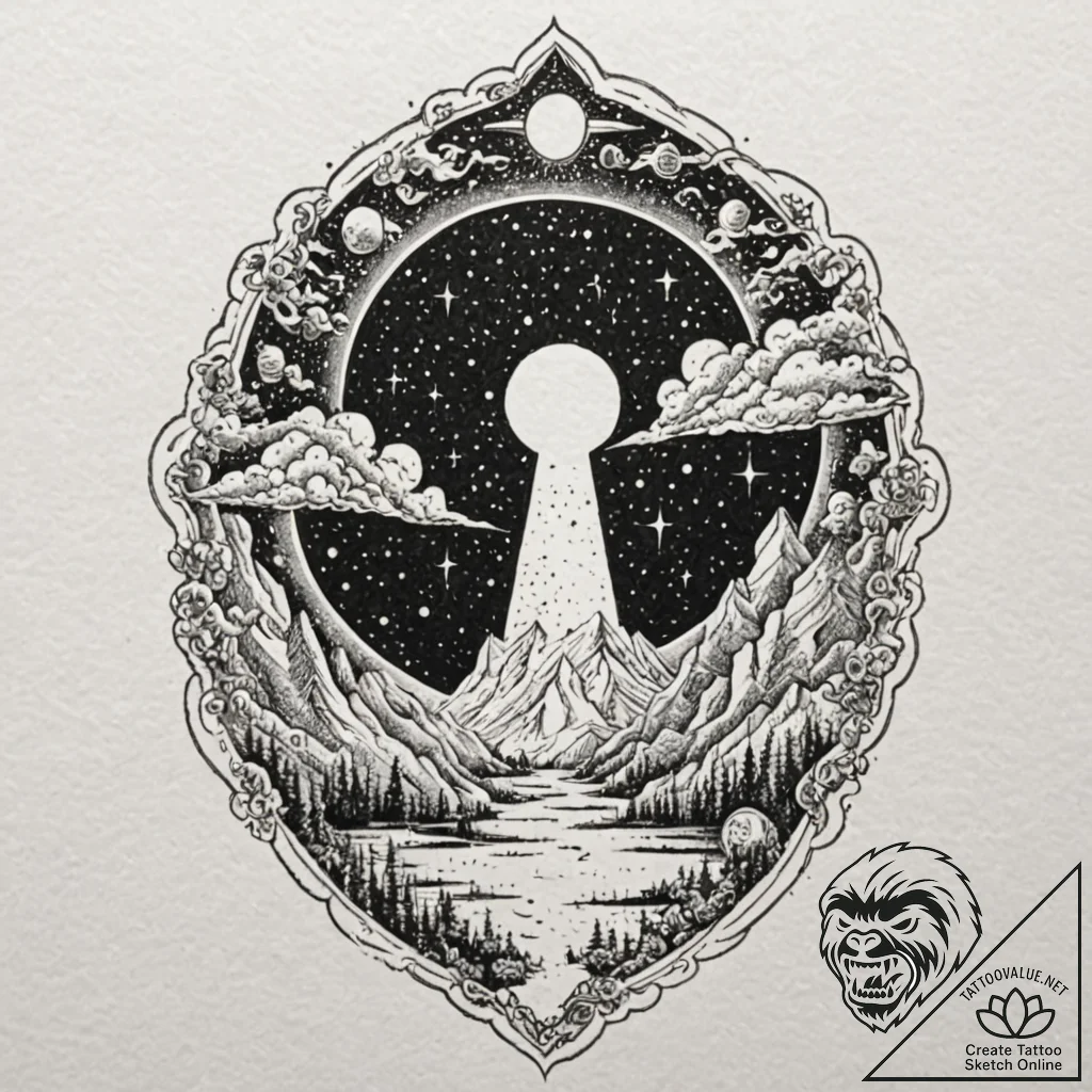 Tattoo design, a giant keyhole in the sky, re... - tattoo sketch (№1751596862_0, 04.07.2025 02:41) — tattoovalue.net