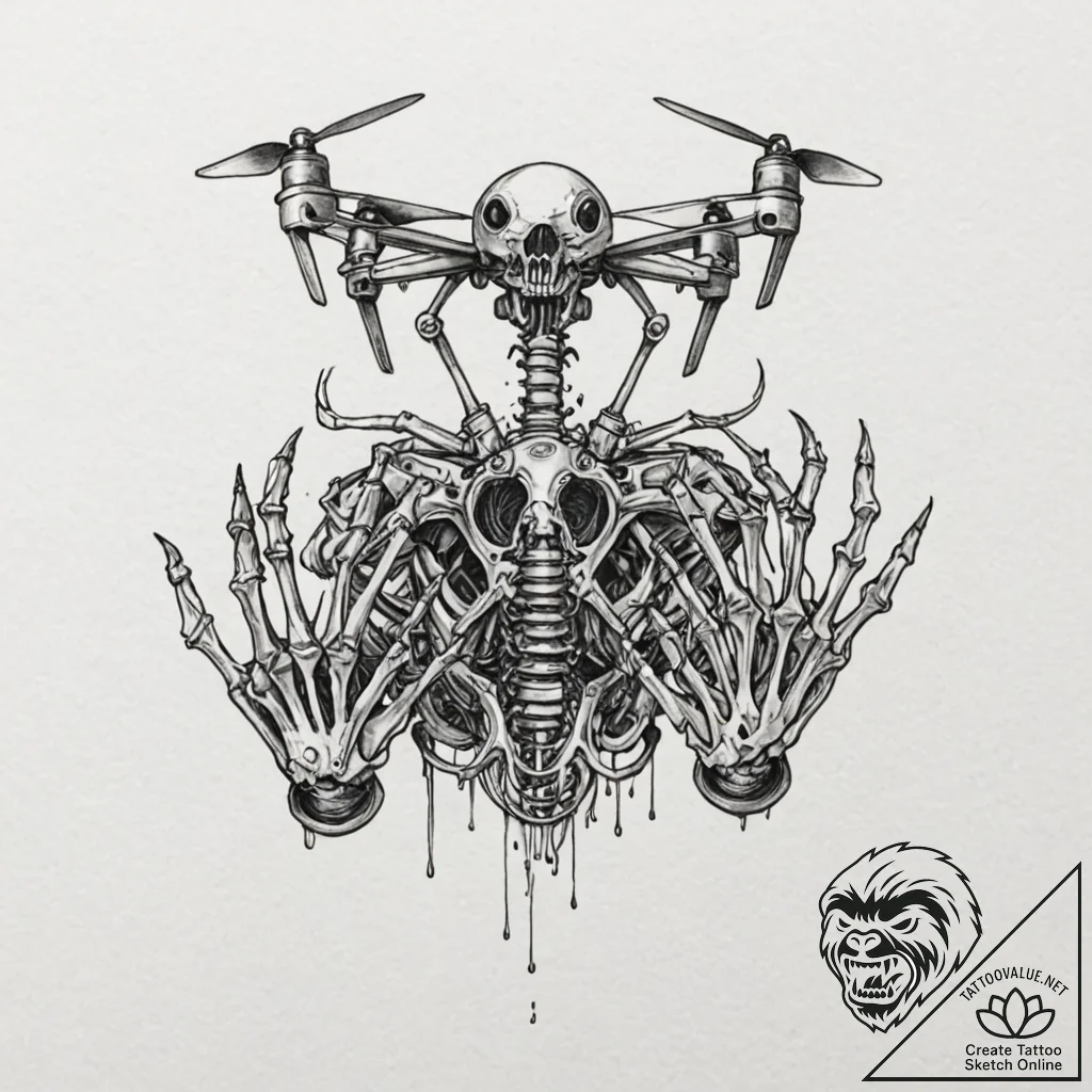 Tattoo design, a skeletal hand fused to a dro... - tattoo sketch (№1751597654_0, 04.07.2025 02:54) — tattoovalue.net