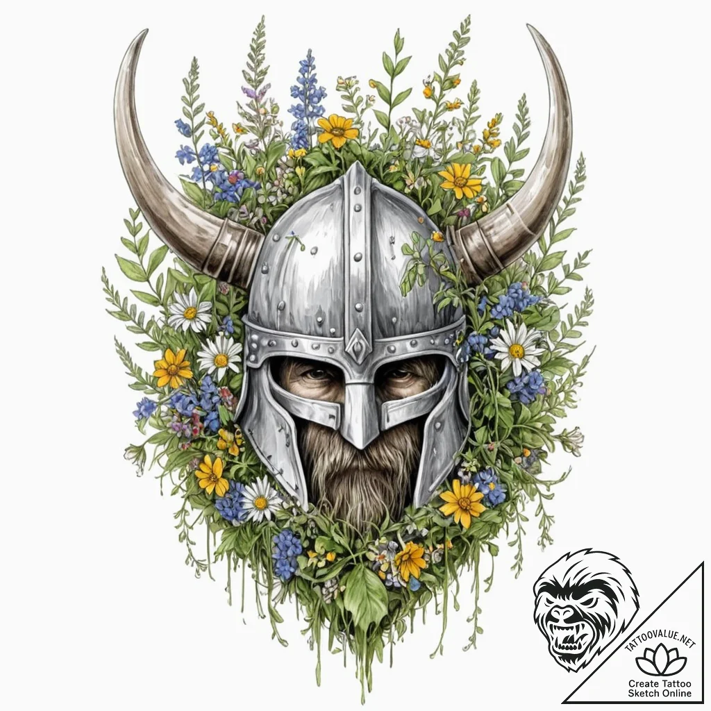 Tattoo design, a viking warrior's helmet, ove... - tattoo sketch (№1751598689_0, 04.07.2025 03:11) — tattoovalue.net