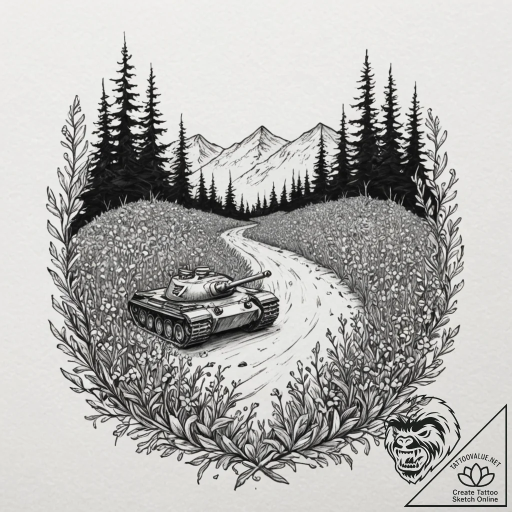 Tattoo design, a modern tank, half-buried in... - tattoo sketch (№1751599031_0, 04.07.2025 03:17) — tattoovalue.net