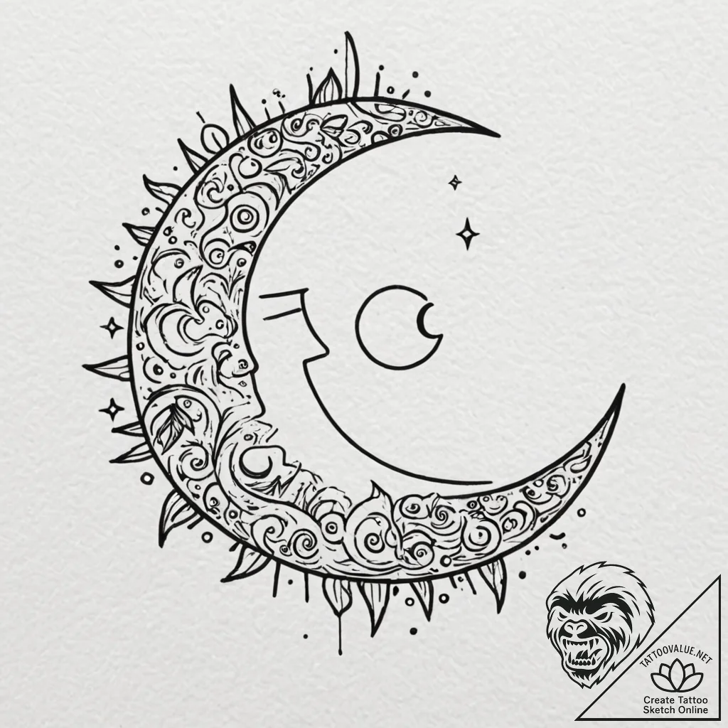 Tattoo design, handpoke style, a moon with a... - tattoo sketch (№1751599289_0, 04.07.2025 03:21) — tattoovalue.net