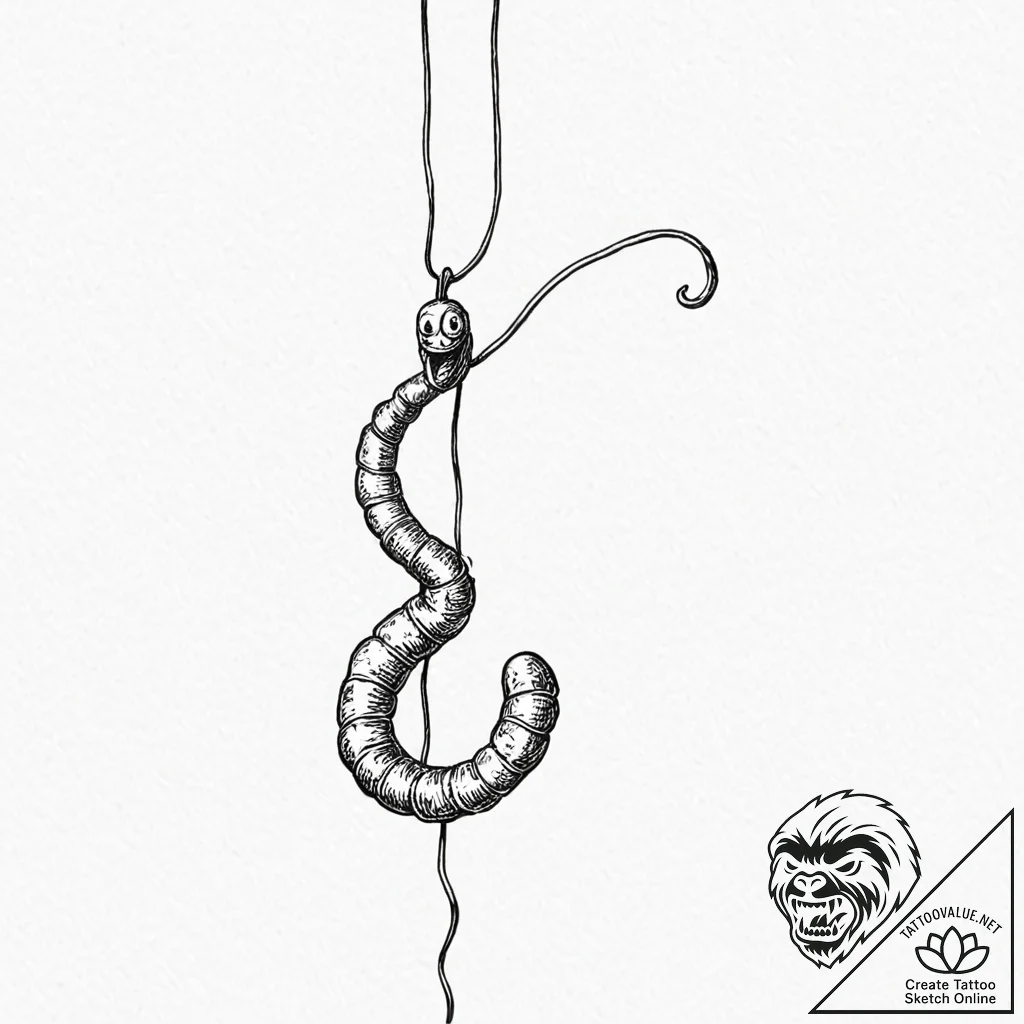 Tattoo design, a worm on a string, drawn very... - tattoo sketch (№1751600066_0, 04.07.2025 03:34) — tattoovalue.net