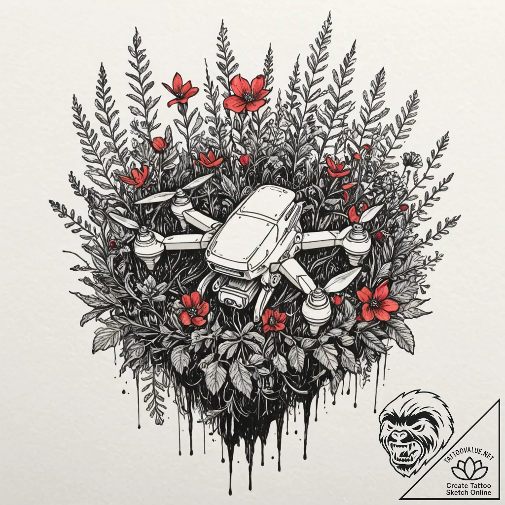 Tattoo design, a fallen drone, overgrown with... - tattoo sketch (№1751601017_0, 04.07.2025 03:50) — tattoovalue.net