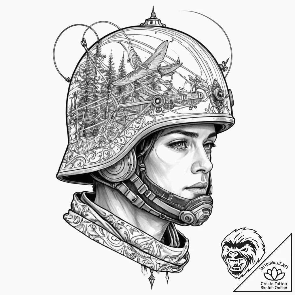 Tattoo design, soldier's helmet, reflecting a... - tattoo sketch (№1751601273_0, 04.07.2025 03:54) — tattoovalue.net