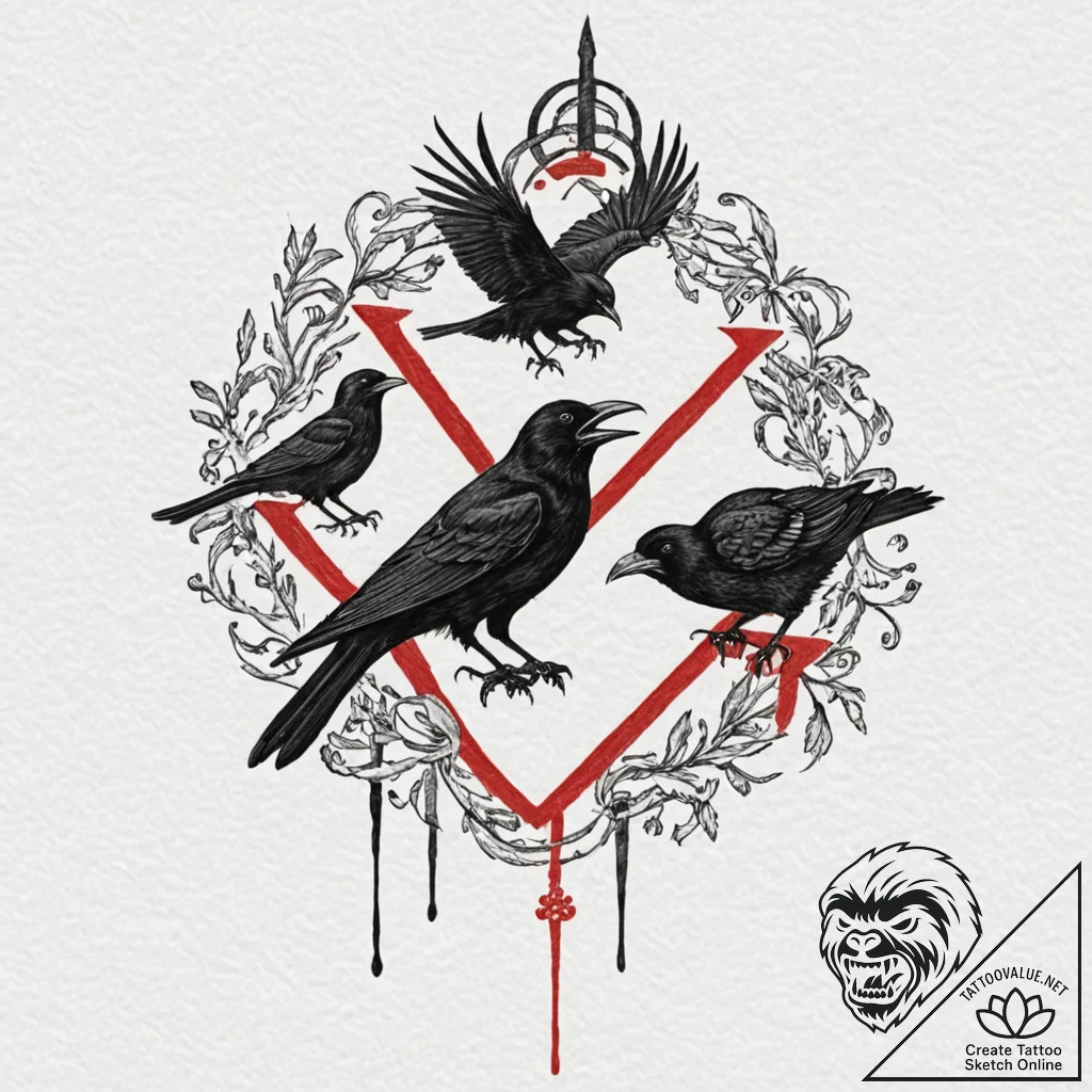 Tattoo sketch — three blind crows devouring a... - tattoo sketch (№1751601789_0, 04.07.2025 04:03) — tattoovalue.net