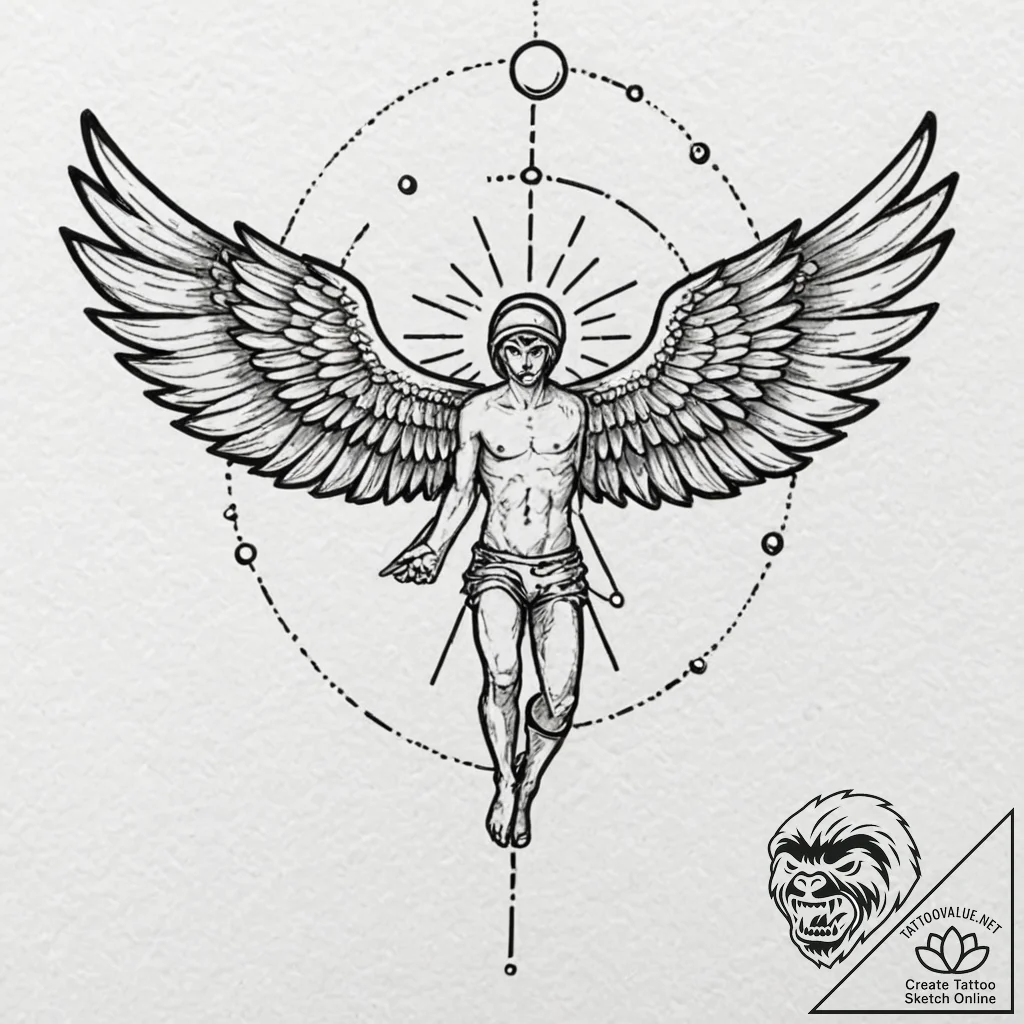 Tattoo design, icarus, but his wings are made... - tattoo sketch (№1751602650_0, 04.07.2025 04:17) — tattoovalue.net