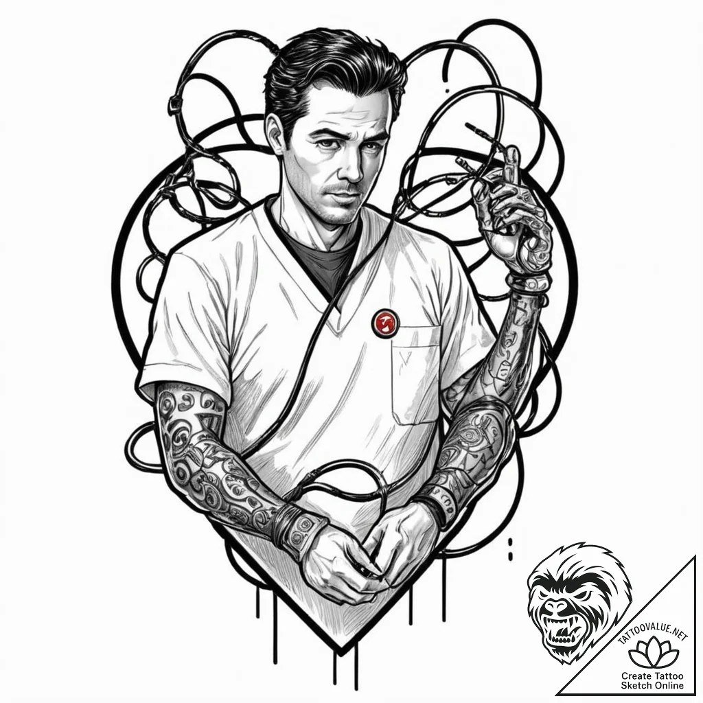 Tattoo sleeve design, black market surgeon, a... - tattoo sketch (№1751602994_0, 04.07.2025 04:23) — tattoovalue.net