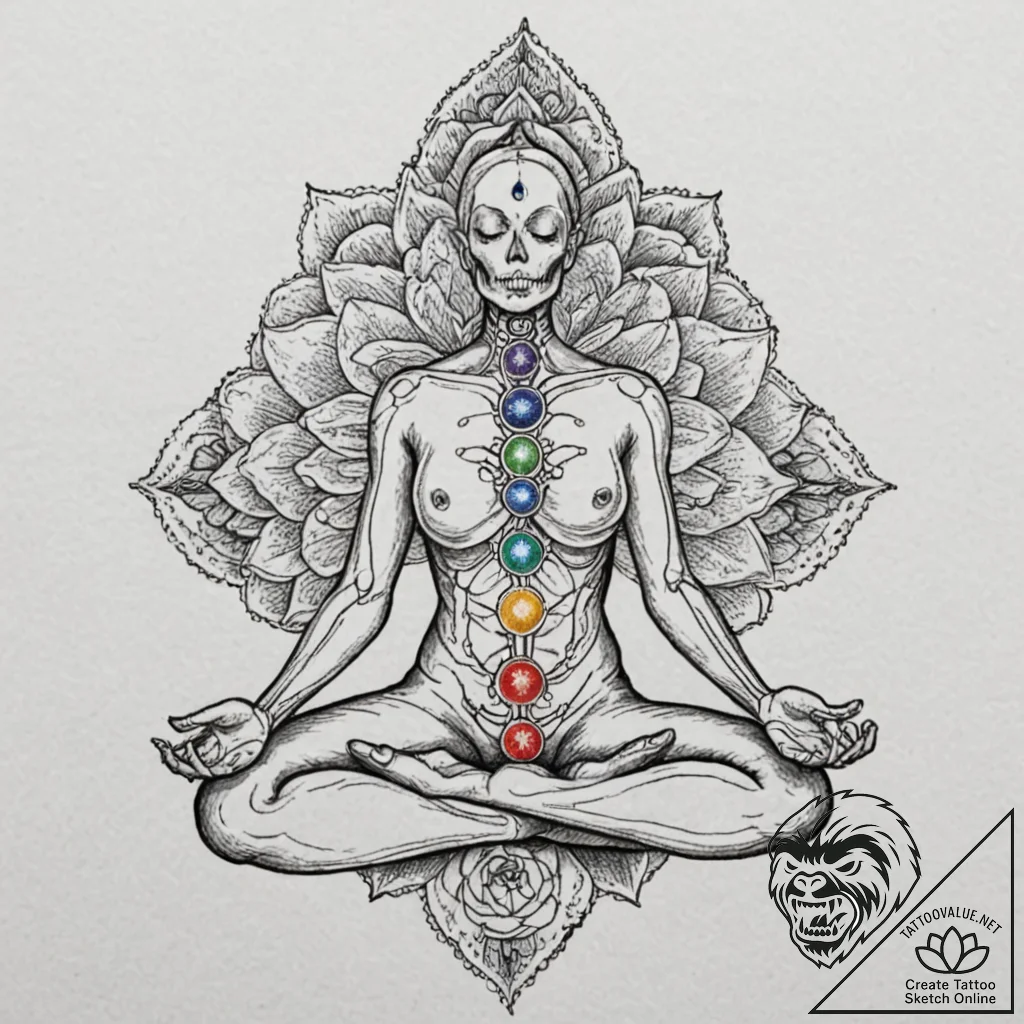 Tattoo design, a human skeleton in a lotus po... - tattoo sketch (№1751603682_0, 04.07.2025 04:34) — tattoovalue.net
