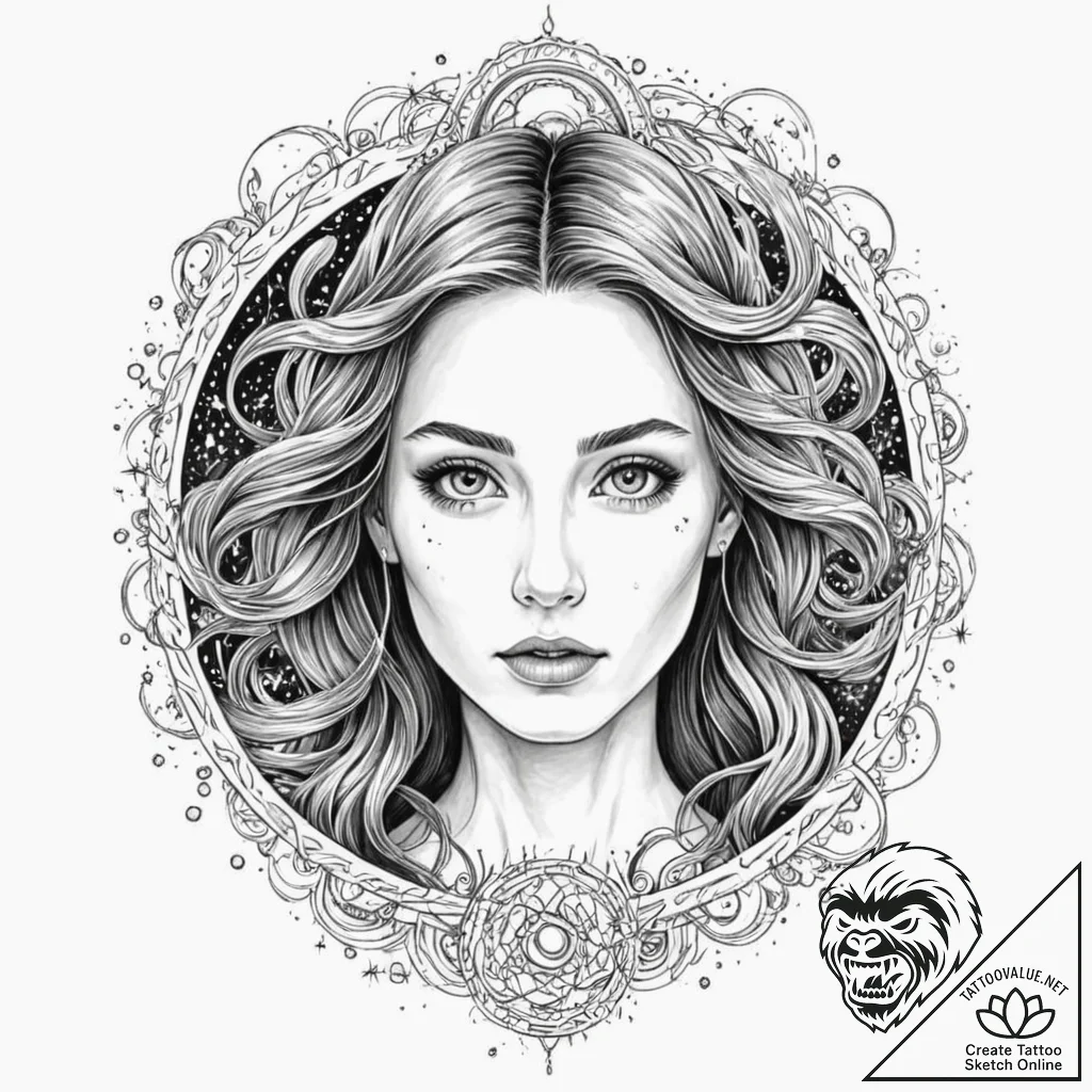 Tattoo design, a portrait of a völva (seeress... - tattoo sketch (№1751604026_0, 04.07.2025 04:40) — tattoovalue.net
