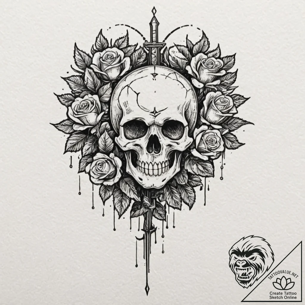 Tattoo design, a dagger piercing a heart, but... - tattoo sketch (№1751604459_0, 04.07.2025 04:47) — tattoovalue.net