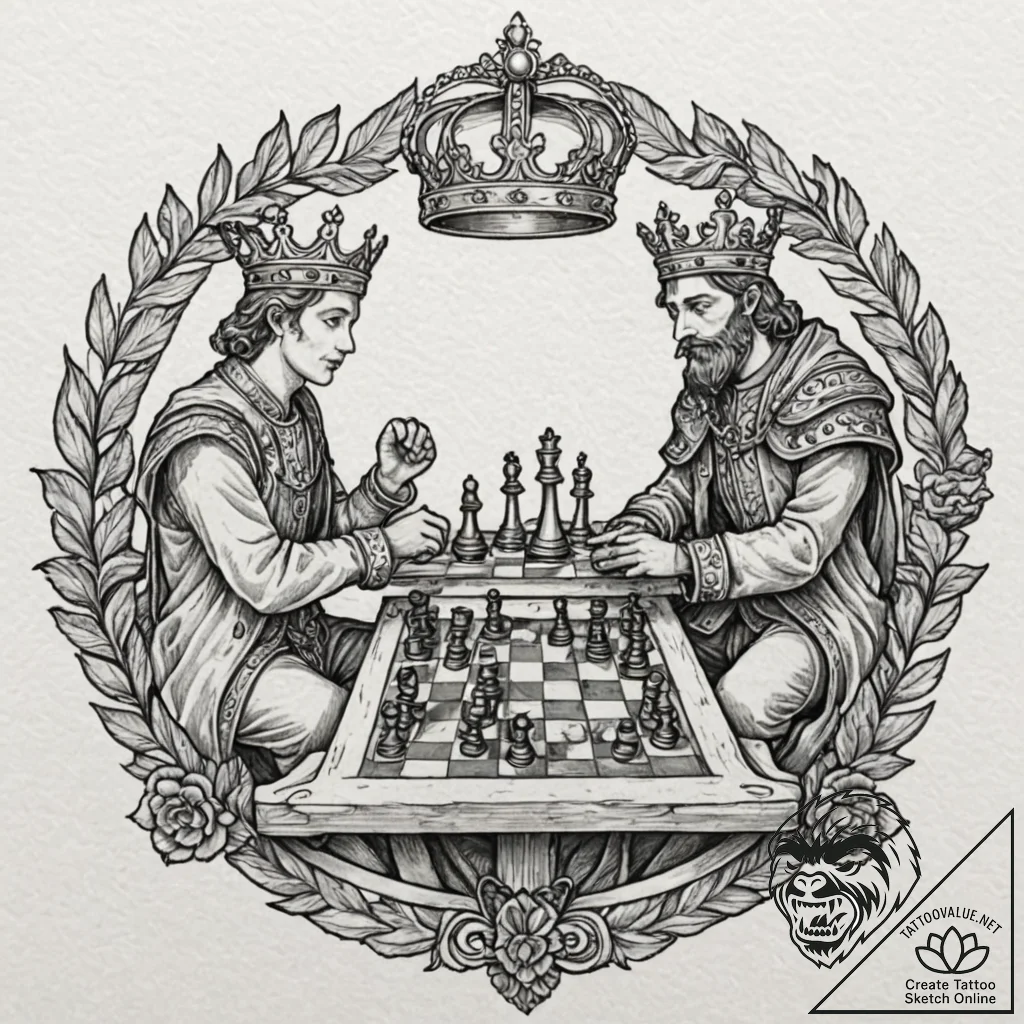 Tattoo design, two crowned kings playing ches... - tattoo sketch (№1751604849_0, 04.07.2025 04:54) — tattoovalue.net