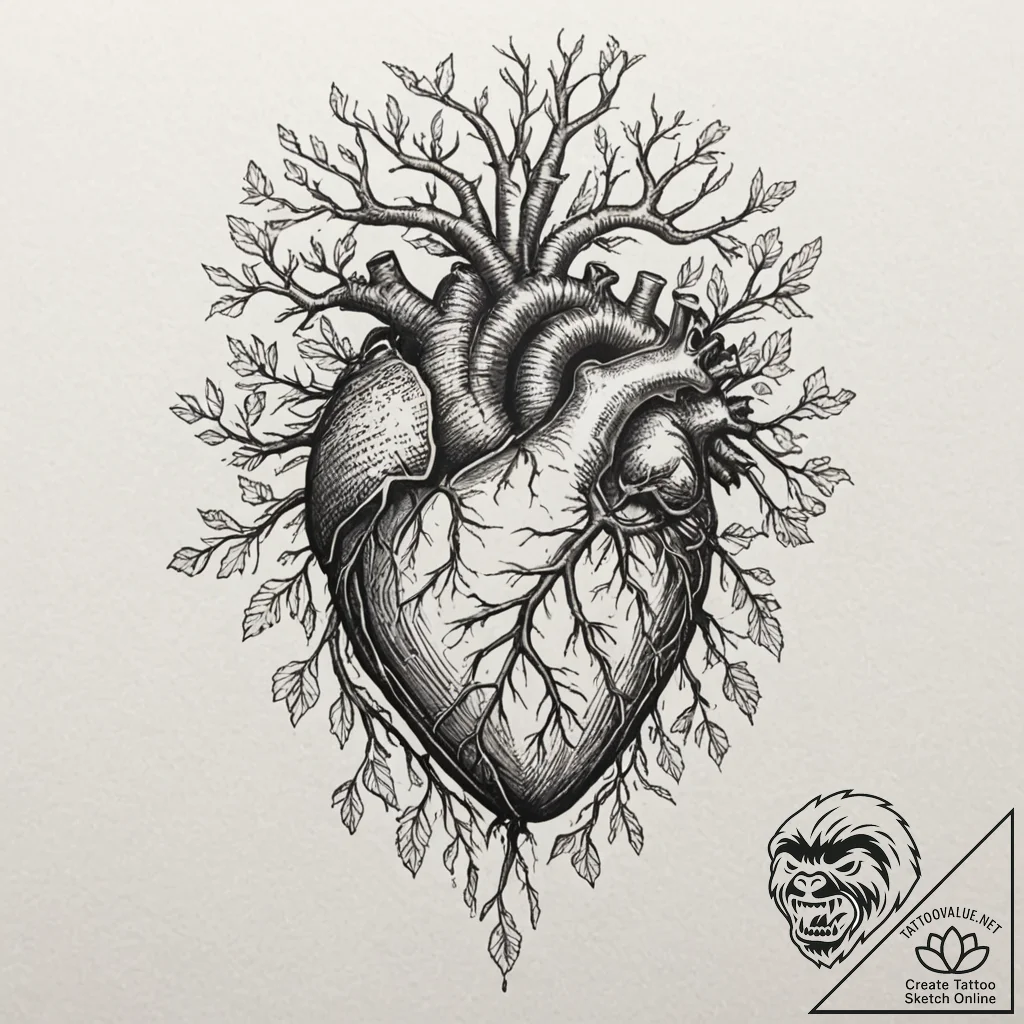 Tattoo design, an anatomical heart, intertwin... - tattoo sketch (№1751605084_0, 04.07.2025 04:58) — tattoovalue.net