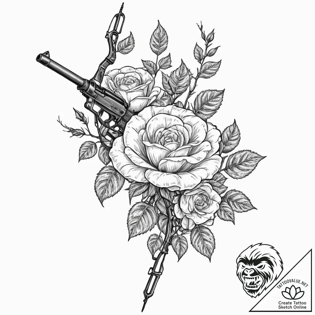 Tattoo design, a broken rifle, used as a trel... - tattoo sketch (№1751605593_0, 04.07.2025 05:06) — tattoovalue.net