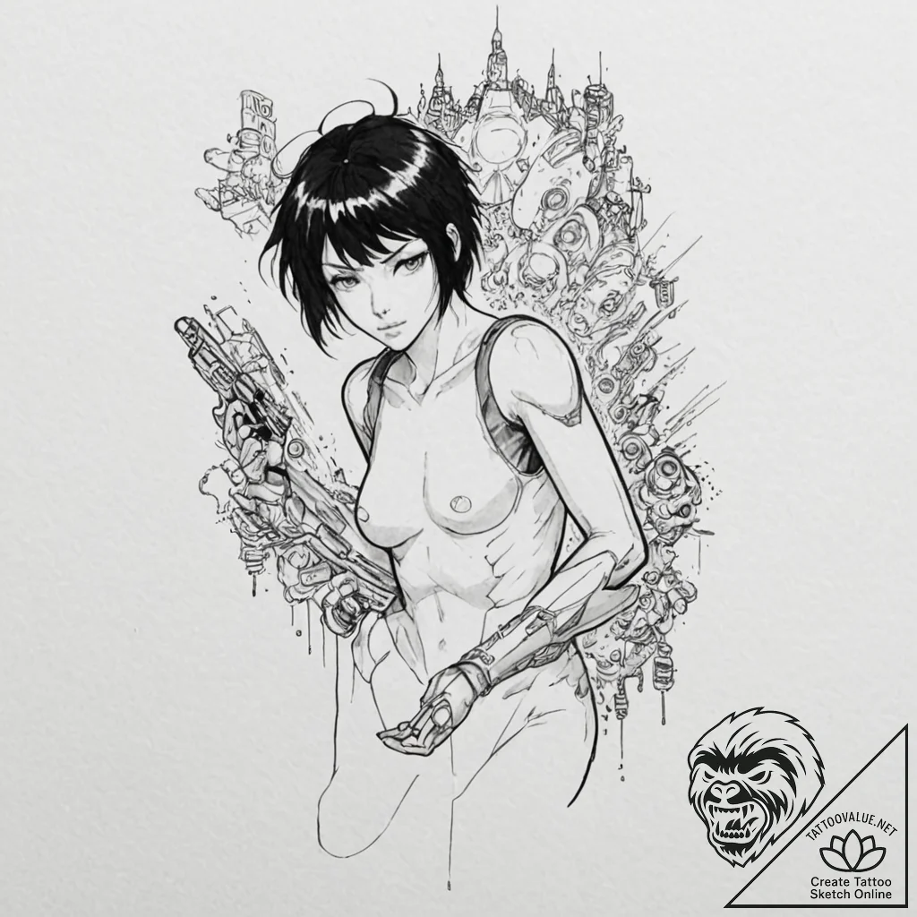 (aesthetic of ghost in the shell, akira, blam... - tattoo sketch (№1751606383_0, 04.07.2025 05:19) — tattoovalue.net