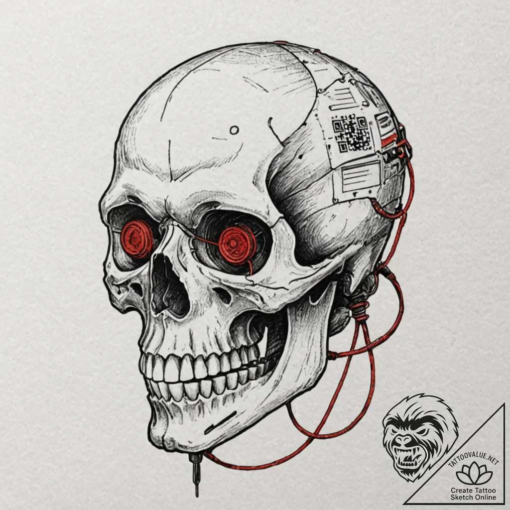 Tattoo design, a skull with qr codes carved i... - tattoo sketch (№1751608255_0, 04.07.2025 05:50) — tattoovalue.net