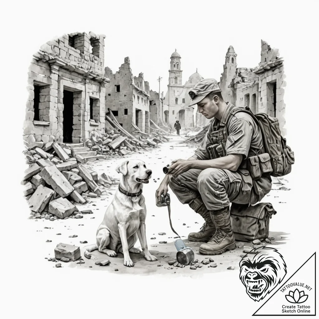 Tattoo design, a soldier sharing a water bott... - tattoo sketch (№1751608341_0, 04.07.2025 05:52) — tattoovalue.net