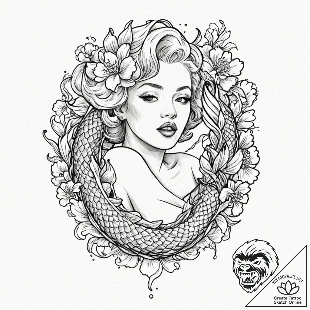 Marilyn monroe, ink illustration for tattoo,... - tattoo sketch (№1751609888_0, 04.07.2025 06:18) — tattoovalue.net