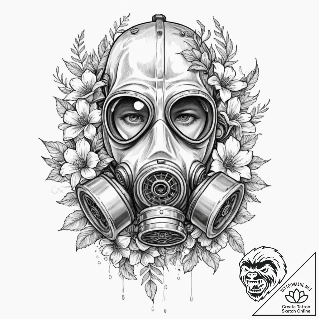 Gas mask with flowers growing from it, ink il... - tattoo sketch (№1751610748_0, 04.07.2025 06:32) — tattoovalue.net