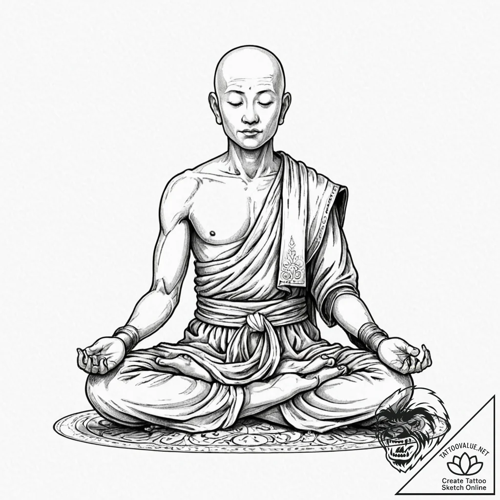 A robot monk in meditation, tattoo drawing ou... - tattoo sketch (№1751611042_0, 04.07.2025 06:37) — tattoovalue.net