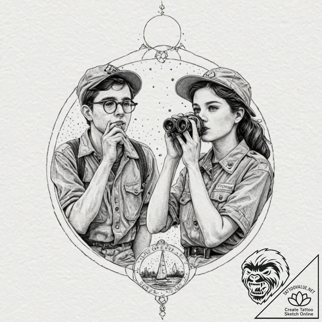 A sketch of the main characters from moonrise... - tattoo sketch (№1751611609_0, 04.07.2025 06:46) — tattoovalue.net