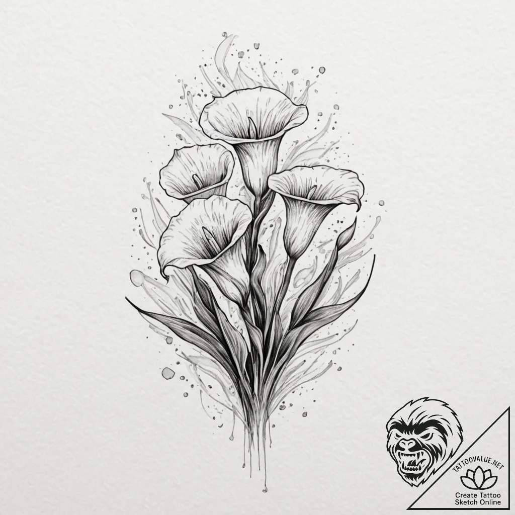 Calla lilies, tattoo sketch design, black and... - tattoo sketch (№1751612244_0, 04.07.2025 06:57) — tattoovalue.net