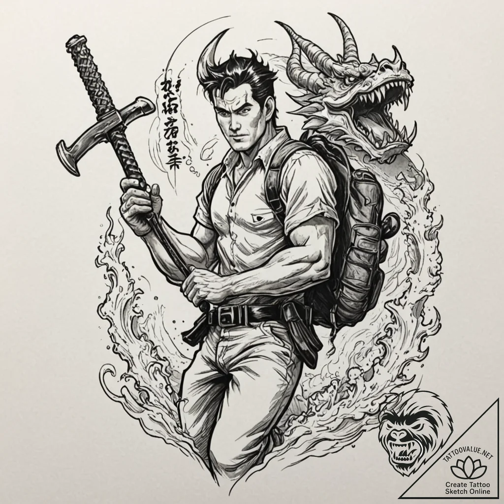 A graphic novel panel of ash williams from th... - tattoo sketch (№1751614652_0, 04.07.2025 07:37) — tattoovalue.net