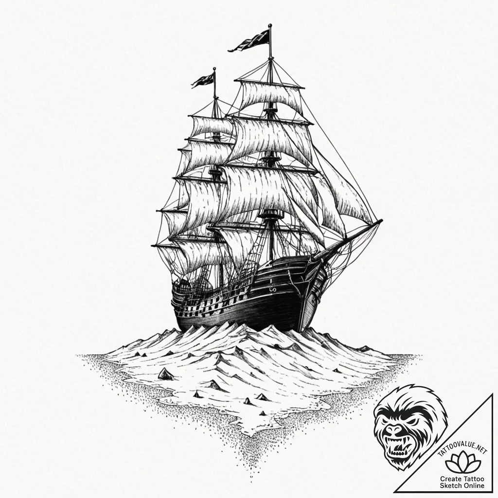 A ship sailing on a sea of sand, artistic tat... - tattoo sketch (№1751615443_0, 04.07.2025 07:50) — tattoovalue.net
