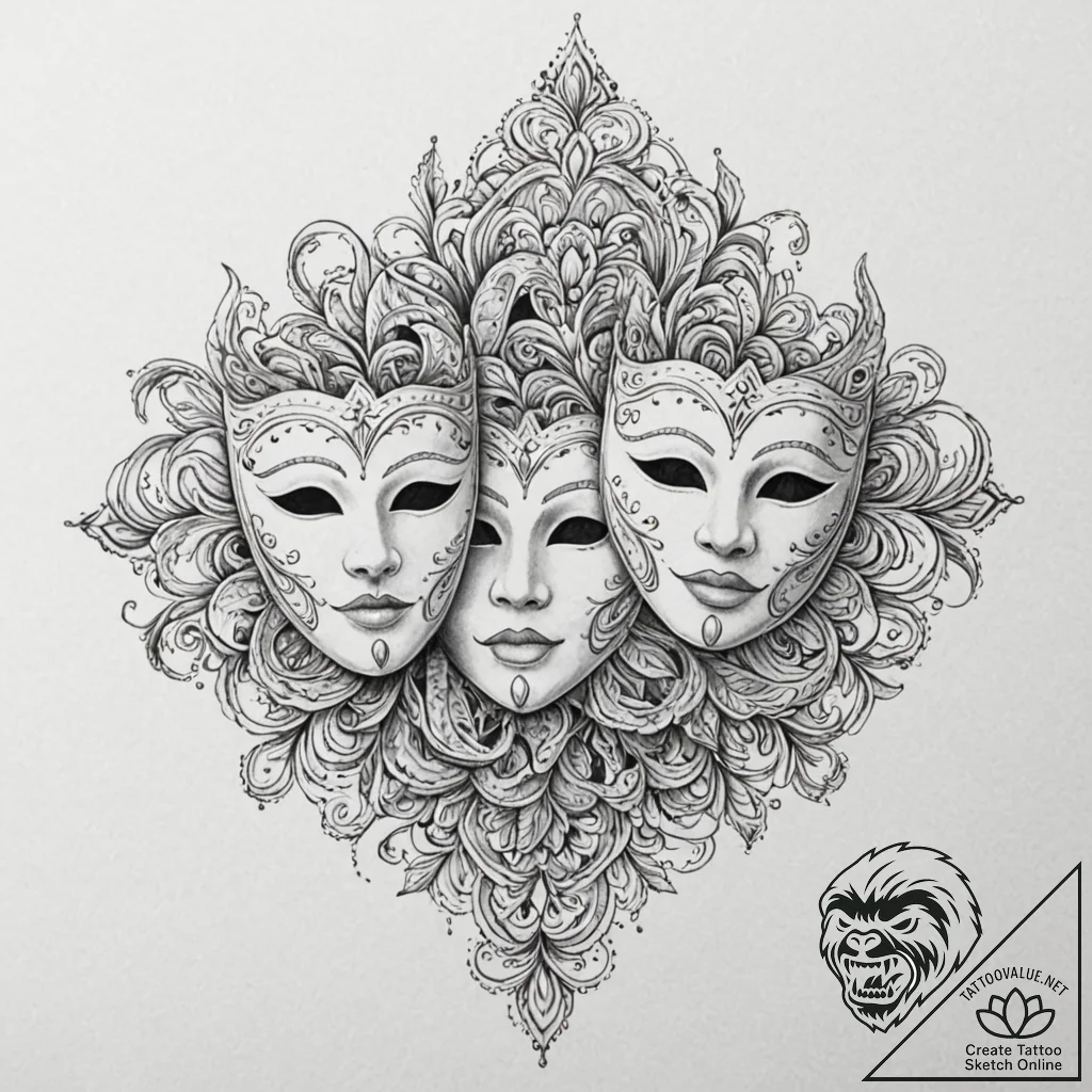 Theater masks, tattoo line art, unique design... - tattoo sketch (№1751616460_0, 04.07.2025 08:07) — tattoovalue.net