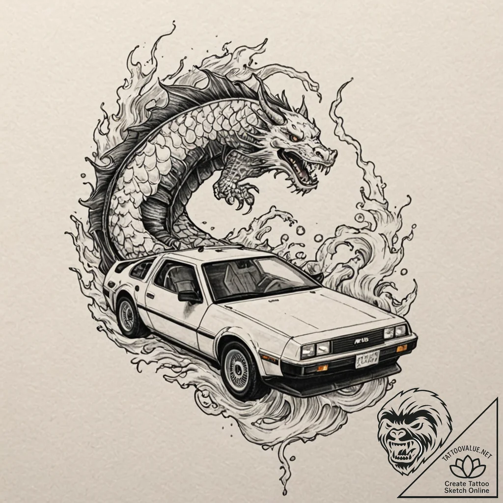 126. a neo-traditional tattoo of the delorean... - tattoo sketch (№1751618349_0, 04.07.2025 08:39) — tattoovalue.net