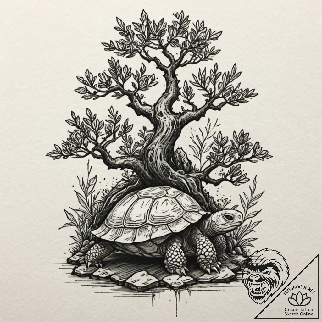 A bonsai tree growing on a turtle's back, tat... - tattoo sketch (№1751620956_0, 04.07.2025 09:22) — tattoovalue.net