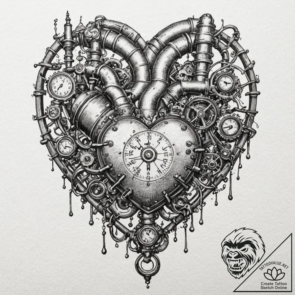Steampunk heart with pipes and pressure gauge... - tattoo sketch (№1751621957_0, 04.07.2025 09:39) — tattoovalue.net