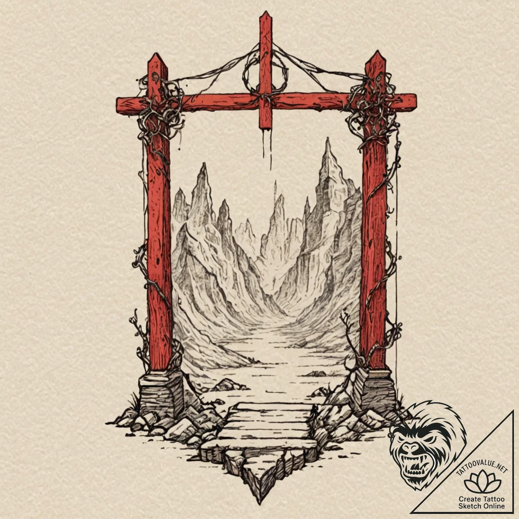 A graphic novel panel of the gate to the upsi... - tattoo sketch (№1751622685_0, 04.07.2025 09:51) — tattoovalue.net
