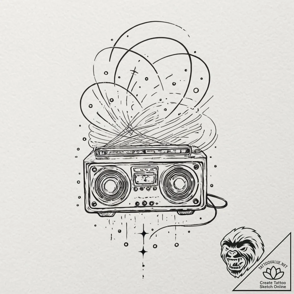 A vintage radio broadcasting sound waves and... - tattoo sketch (№1751622854_0, 04.07.2025 09:54) — tattoovalue.net