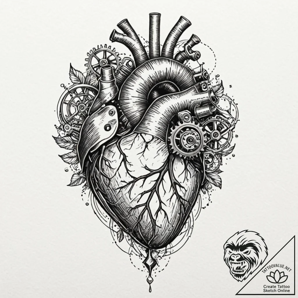 Anatomical heart with mechanical gears inside... - tattoo sketch (№1751623542_0, 04.07.2025 10:05) — tattoovalue.net