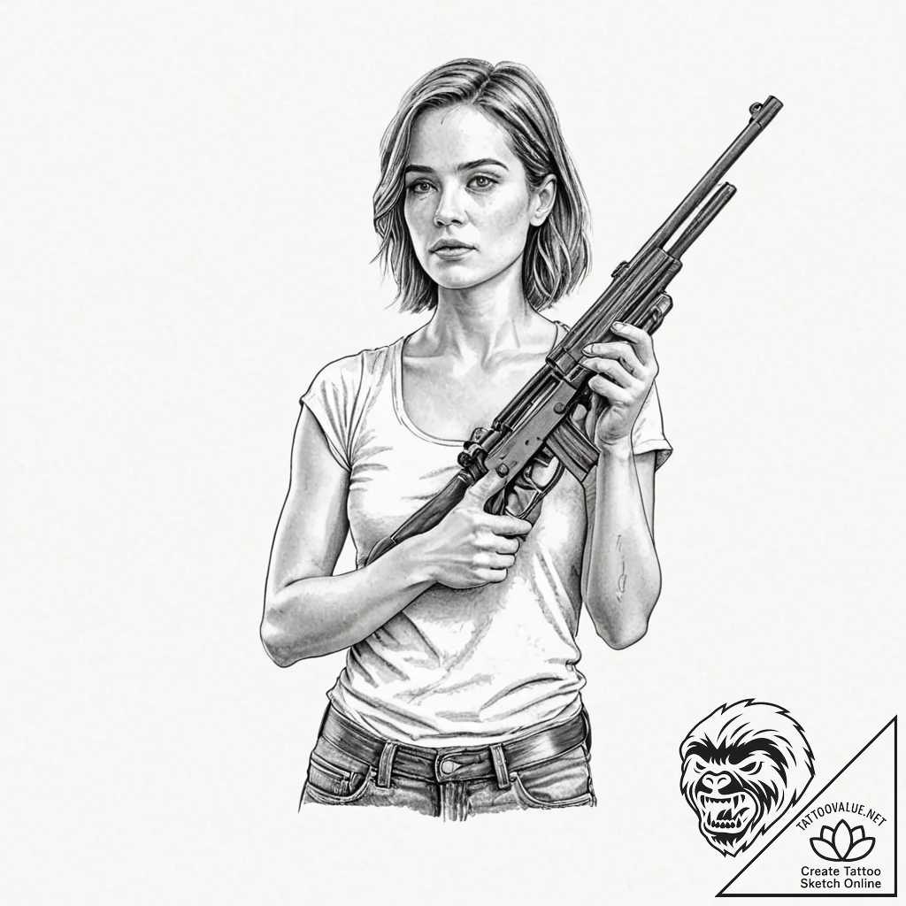 A sketch of sarah connor from t2, strong and... - tattoo sketch (№1751623884_0, 04.07.2025 10:11) — tattoovalue.net
