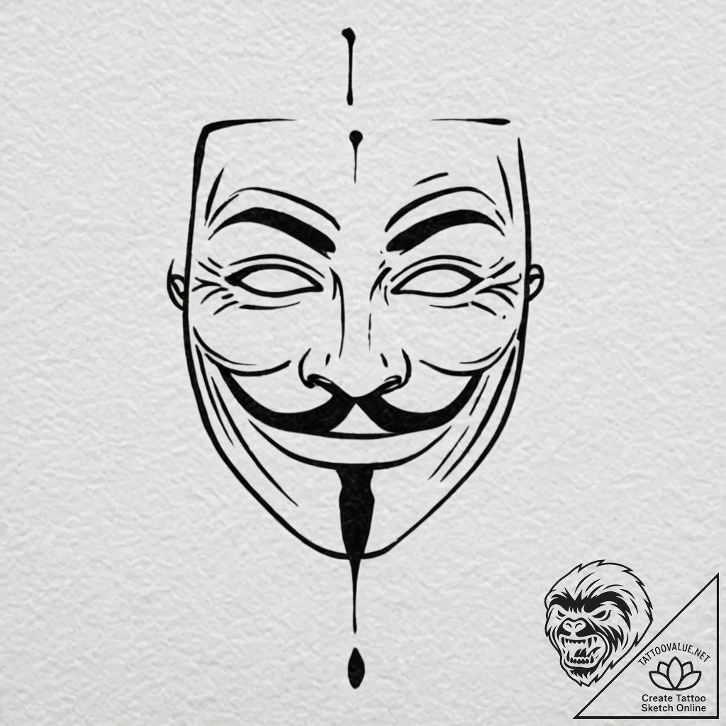 V for vendetta mask, tattoo line art, on text... - tattoo sketch (№1751623971_0, 04.07.2025 10:12) — tattoovalue.net