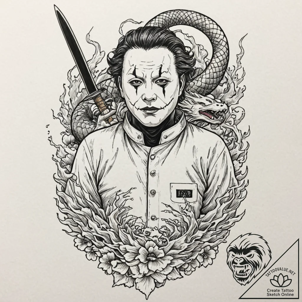 A graphic novel style portrait of michael mye... - tattoo sketch (№1751624829_0, 04.07.2025 10:27) — tattoovalue.net