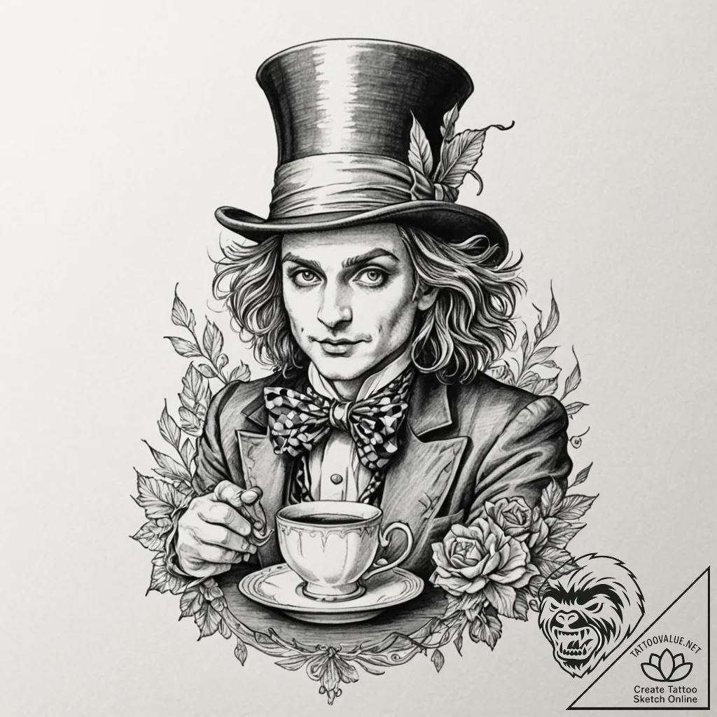 The mad hatter's tea party, tattoo flash shee... - tattoo sketch (№1751625427_0, 04.07.2025 10:37) — tattoovalue.net