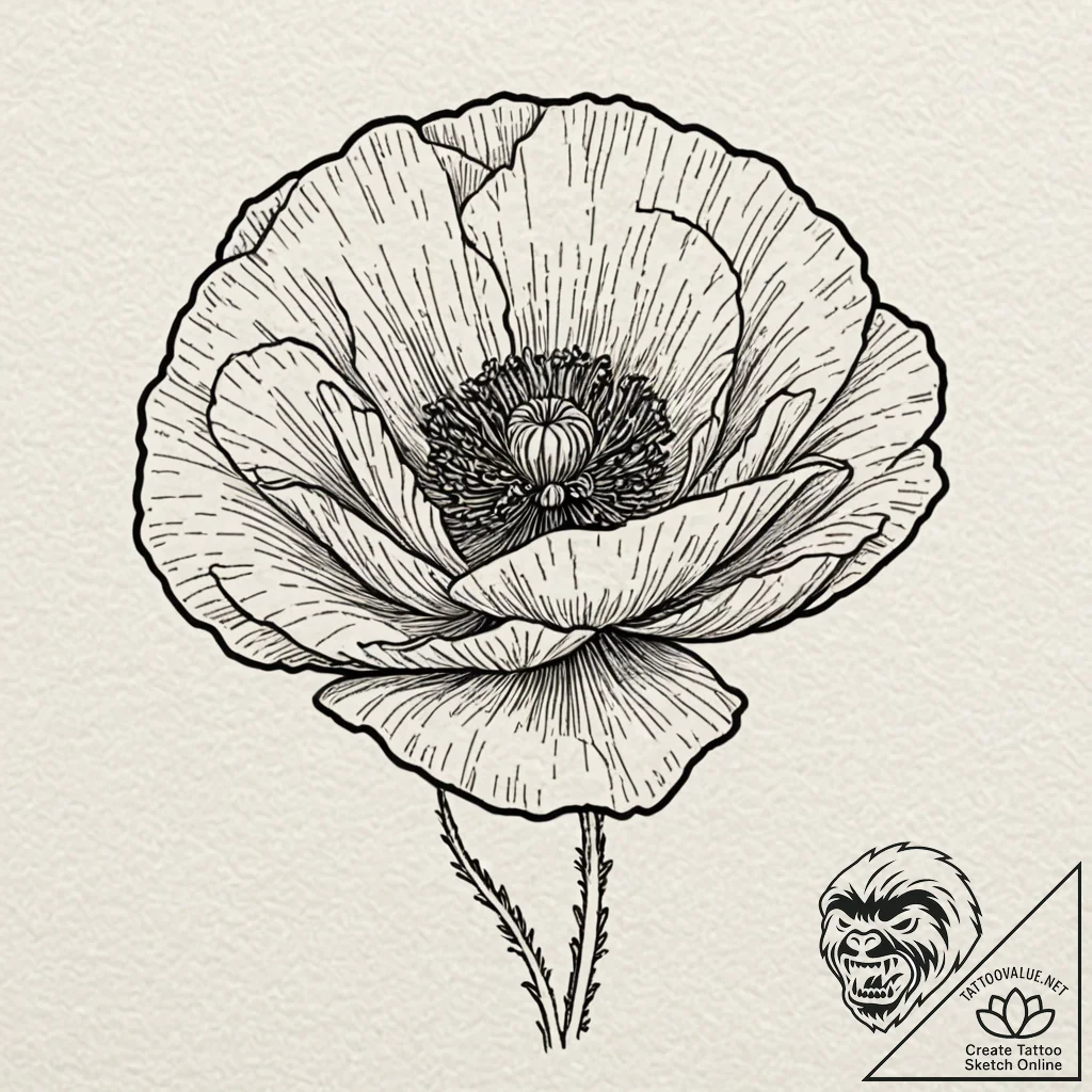 A poppy flower field, tattoo drawing outline,... - tattoo sketch (№1751625686_0, 04.07.2025 10:41) — tattoovalue.net
