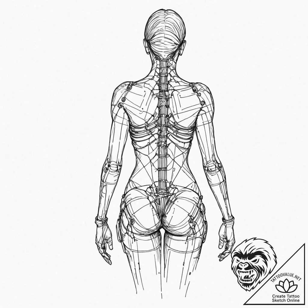 Circuit board pattern on a human back, tattoo... - tattoo sketch (№1751626792_0, 04.07.2025 10:59) — tattoovalue.net
